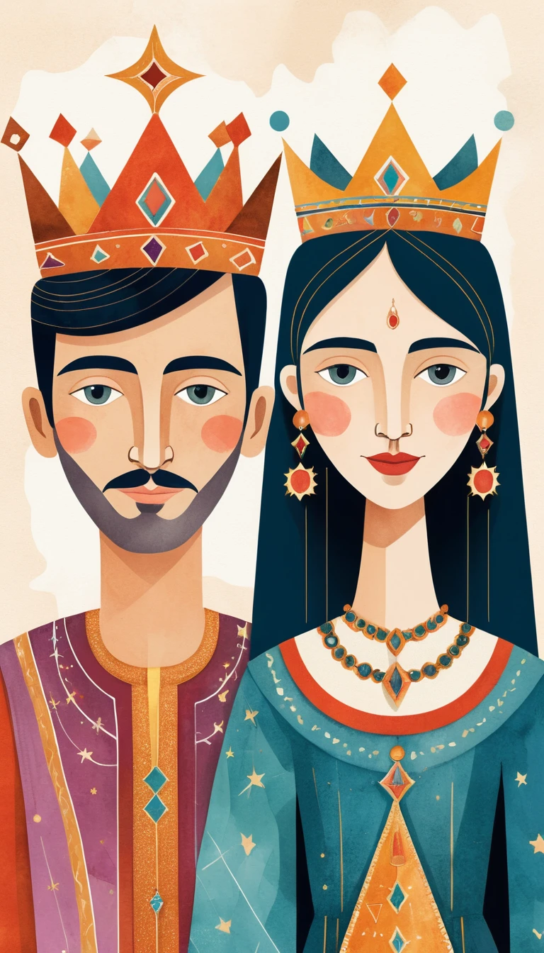 Whimsical vector portrait of a cheerful Purim king and queen