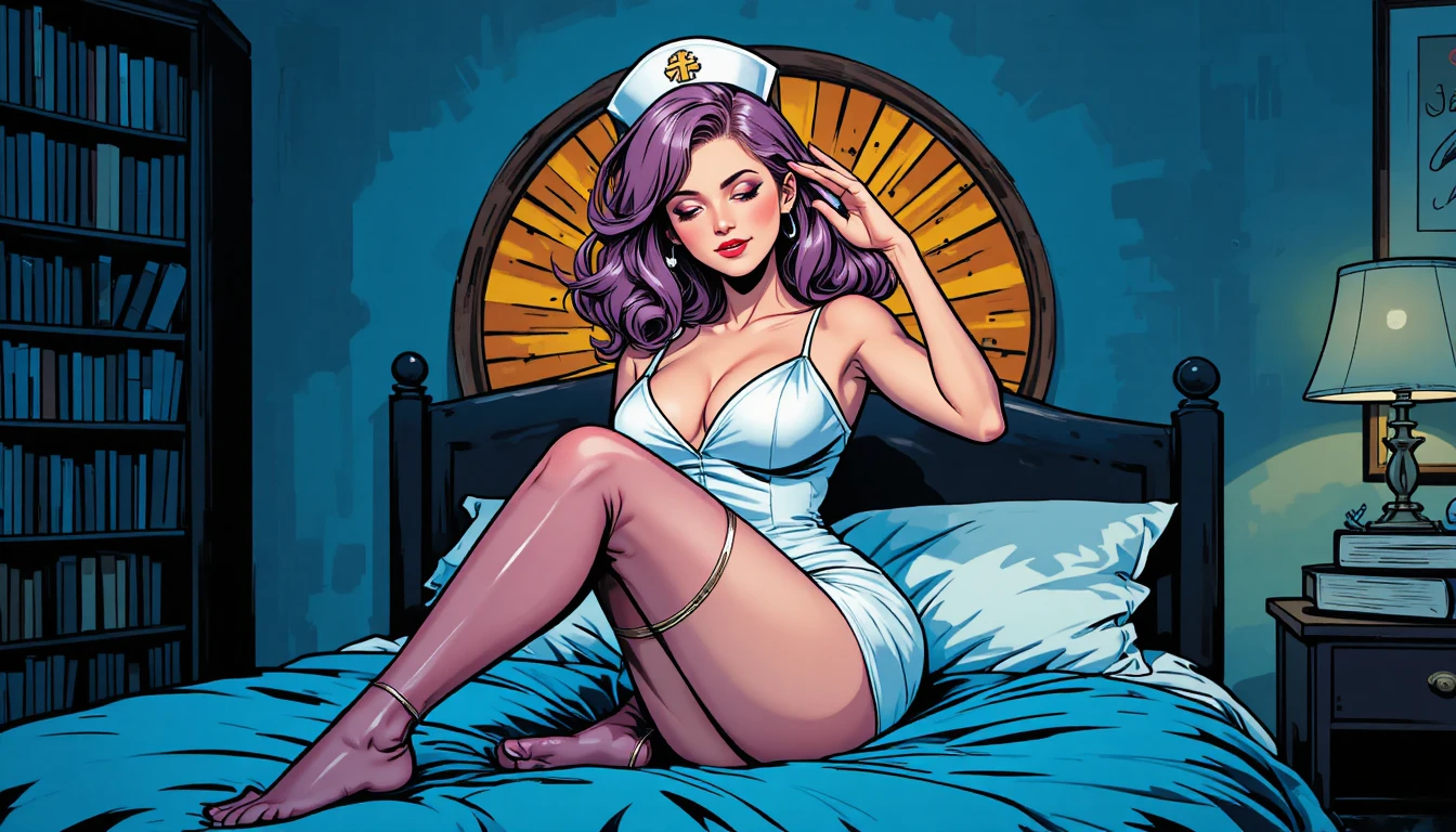 Mujer durmiendo en un dormitorio azul tenue con luz suave