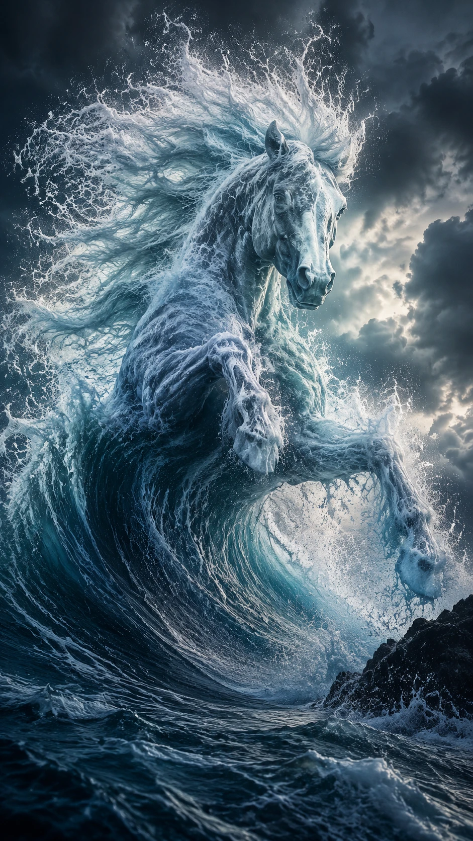 Ola oceánica surreal que se transforma en un caballo galopante