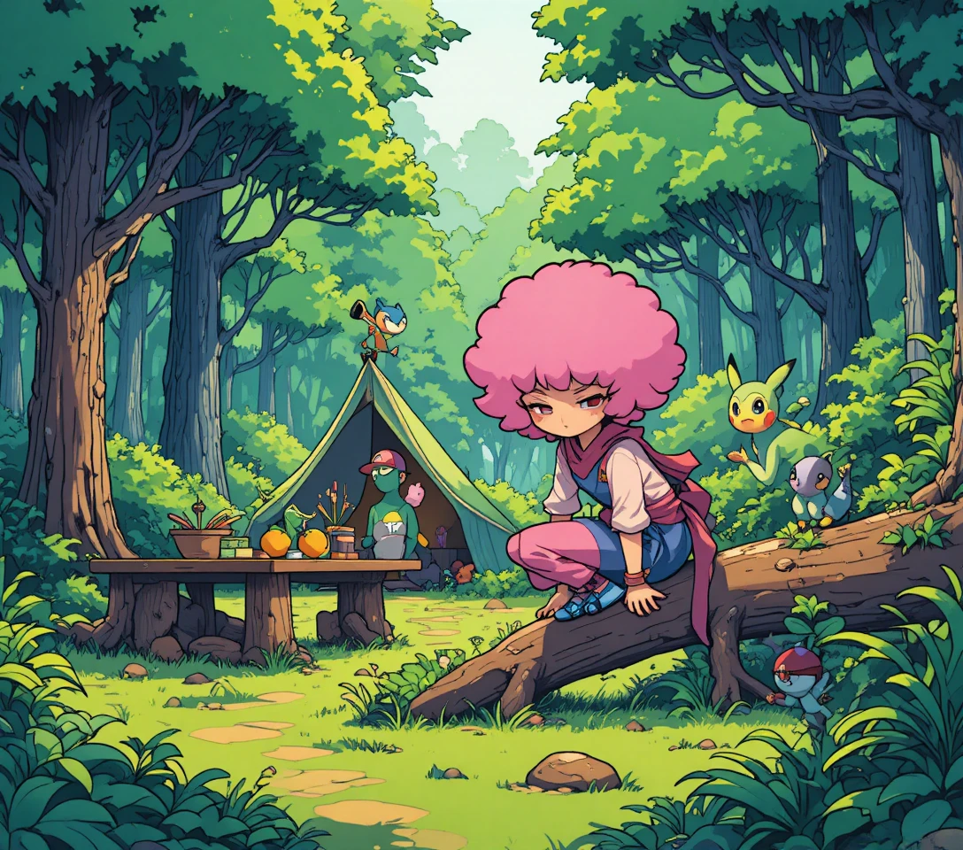 Joyful anime camping scene with trainers and pokemon