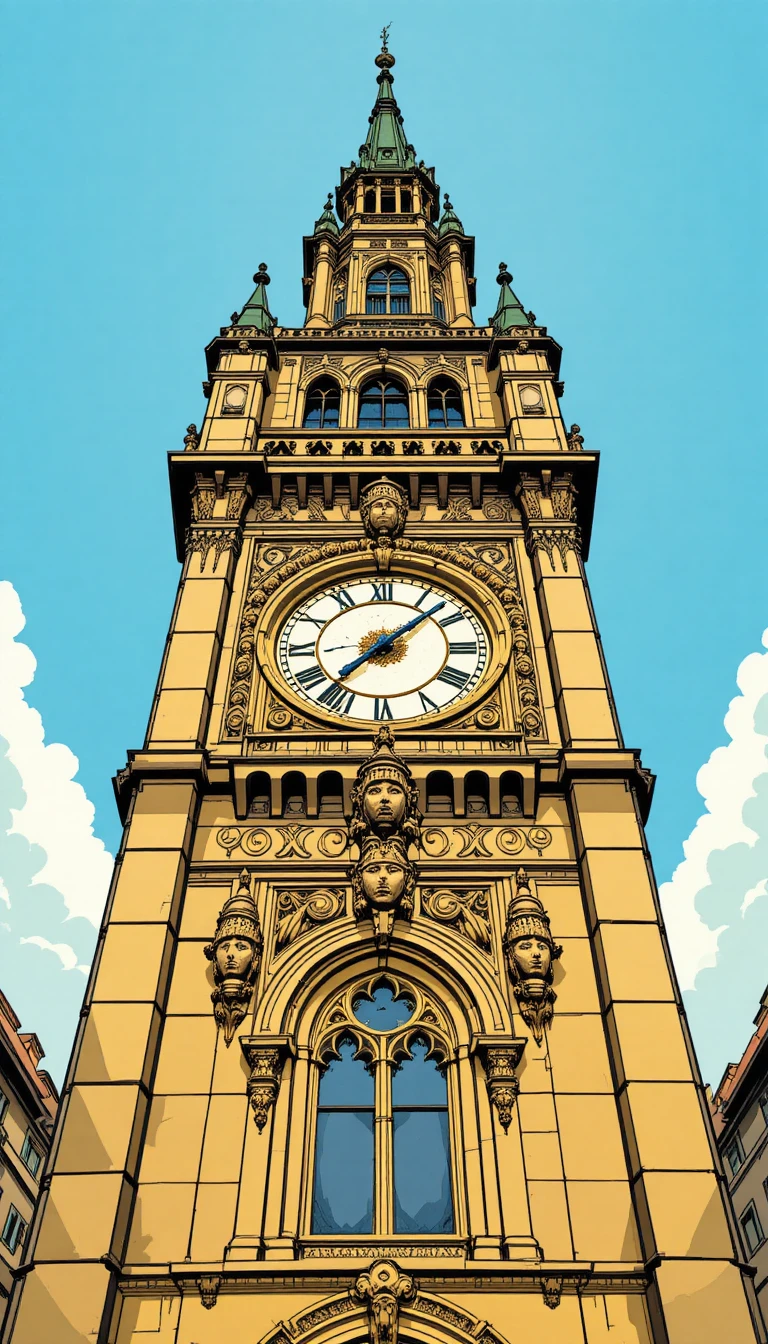 Comic style illustration of an ornate stone clock tower