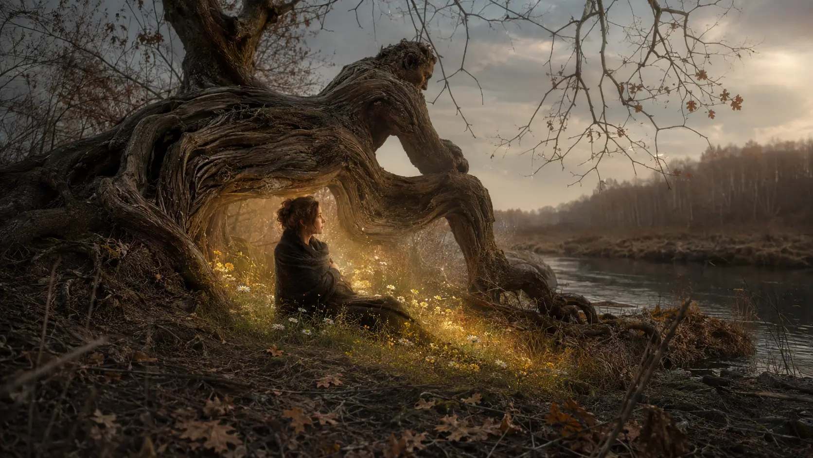 Woman under a fallen tree between autumn and summer