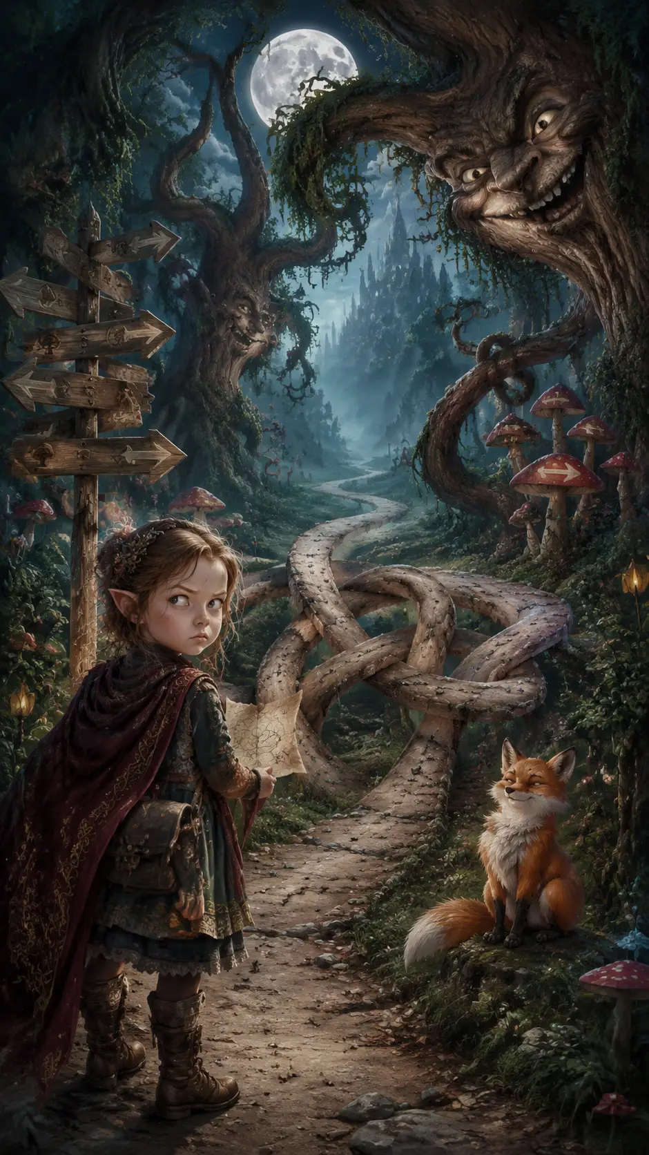 Little fae traveler in an enchanted forest path