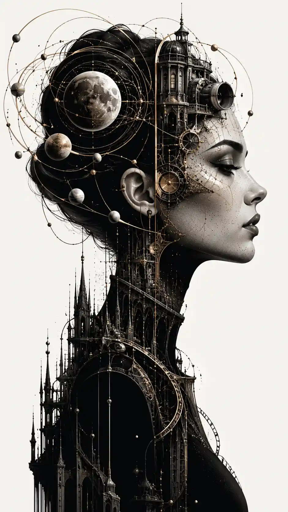 Surreal side profile of a woman split with cosmic architecture