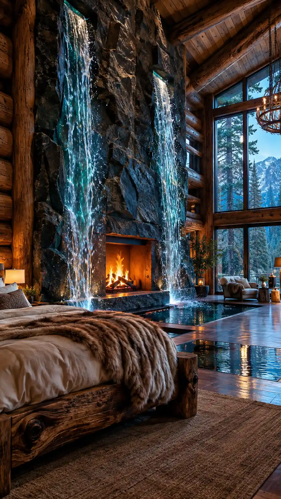Cinematic luxury bedroom with stone fireplace and waterfalls