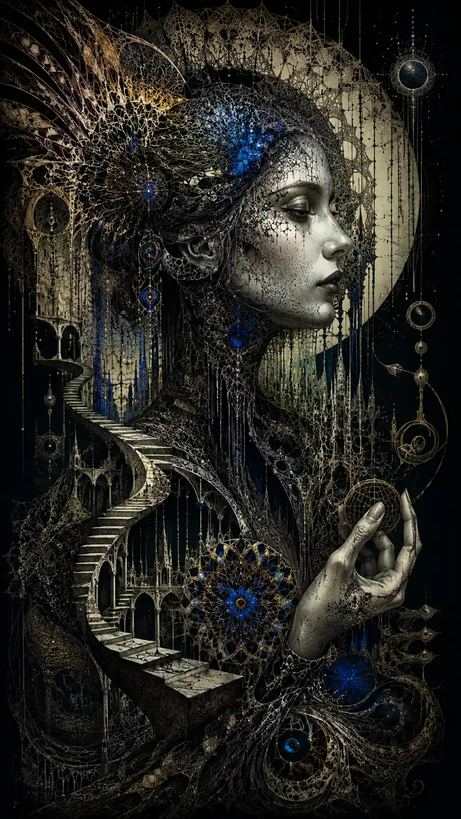Arquitectura oscura y surrealista con estilo de ilustración de fantasía gótica