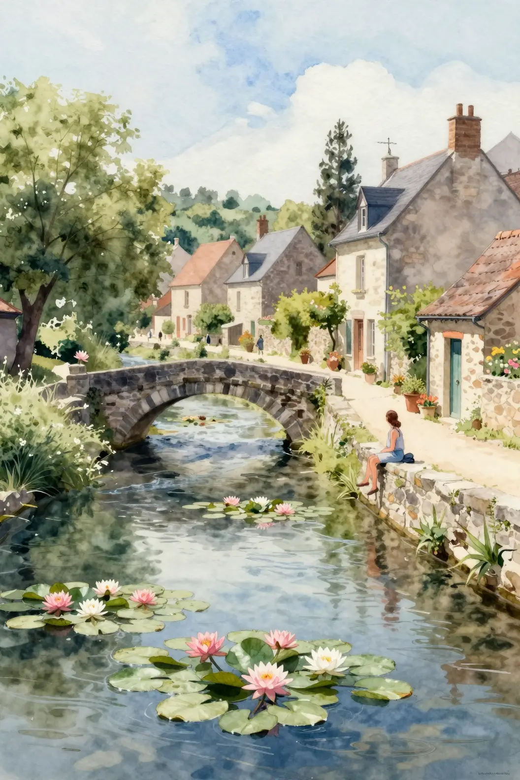 Watercolor village river with stone bridge and lilies