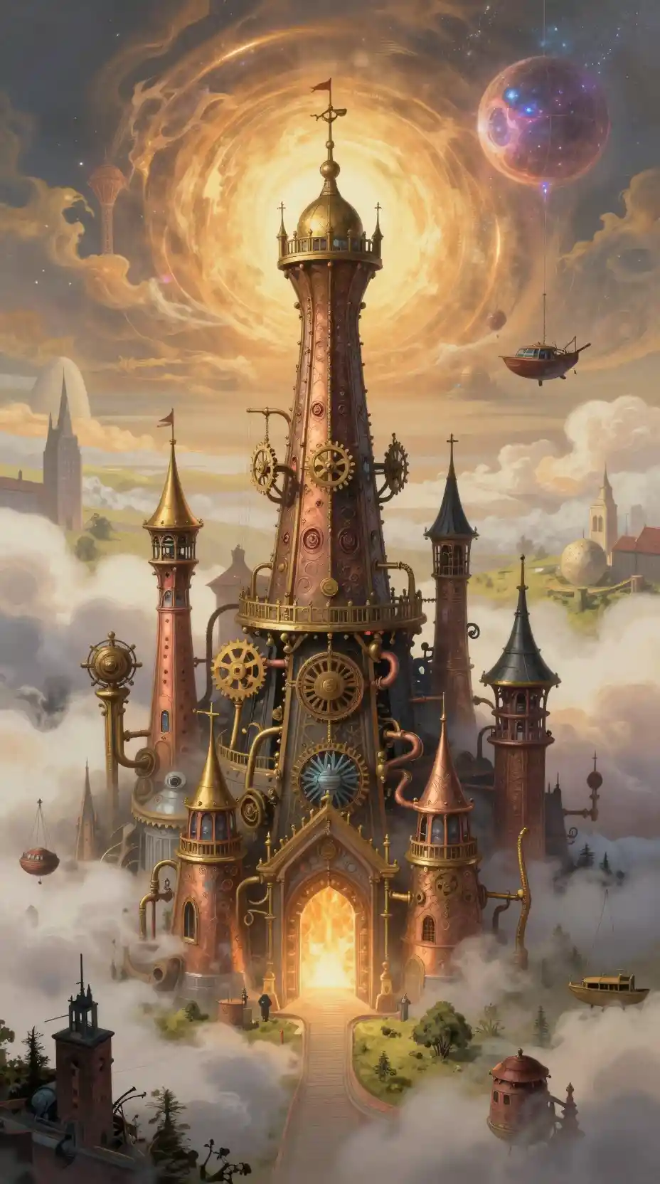 Ciudad steampunk flotante entre niebla arremolinada