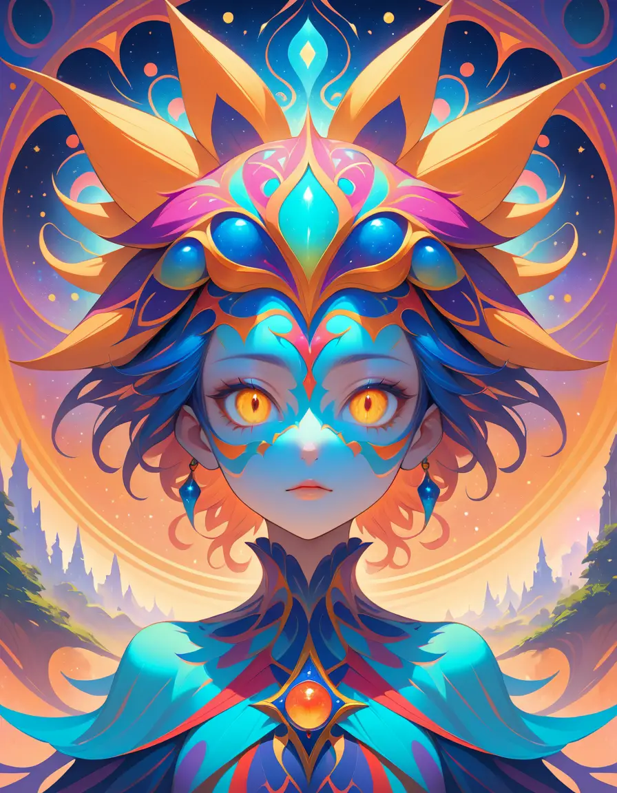 Cosmic jester portrait with kaleidoscope mask and fractal aura