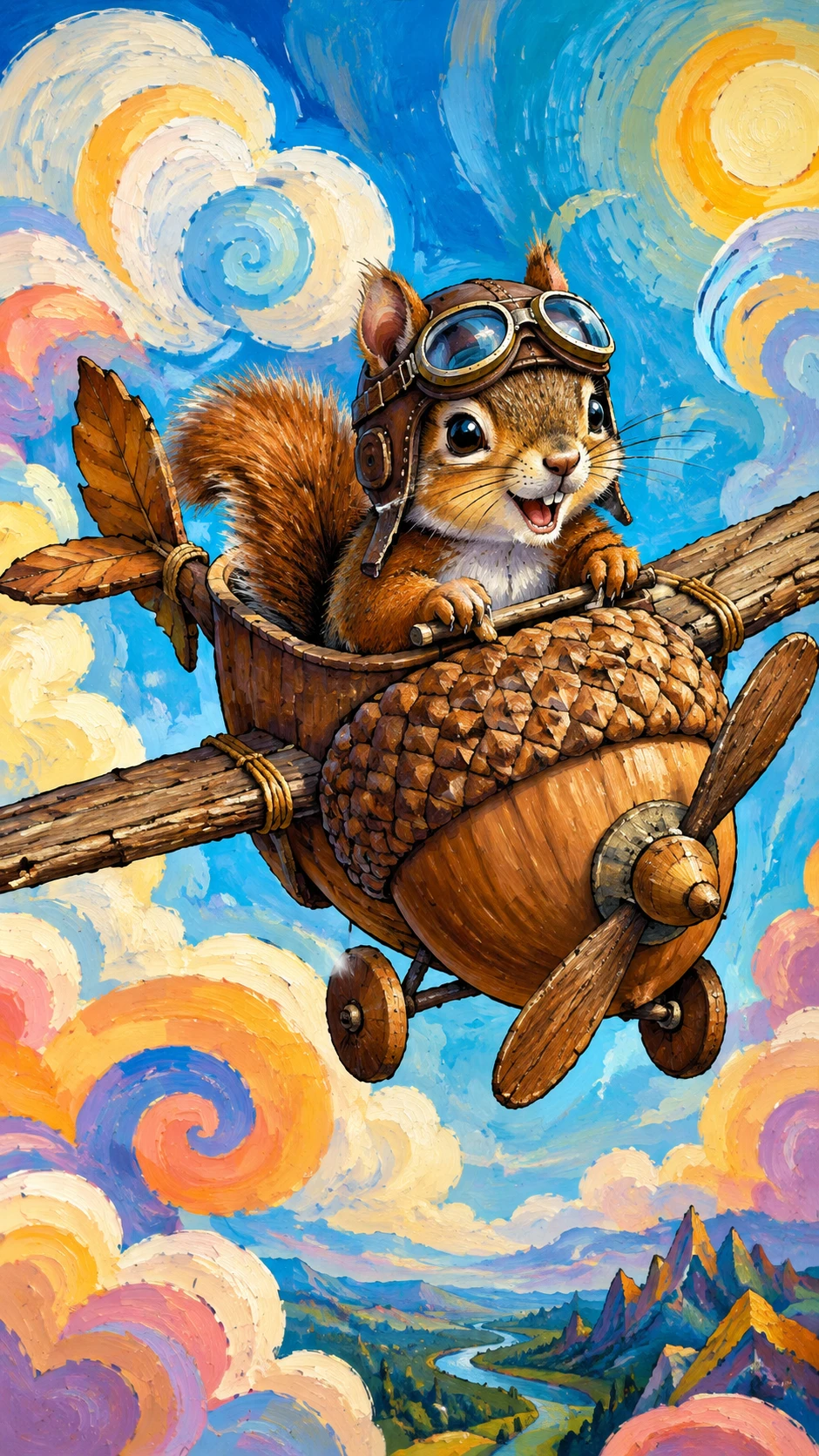 Verspieltes Eichhörnchen als Pilot fliegt Eichel-Flugzeug durch abstrakten Himmel
