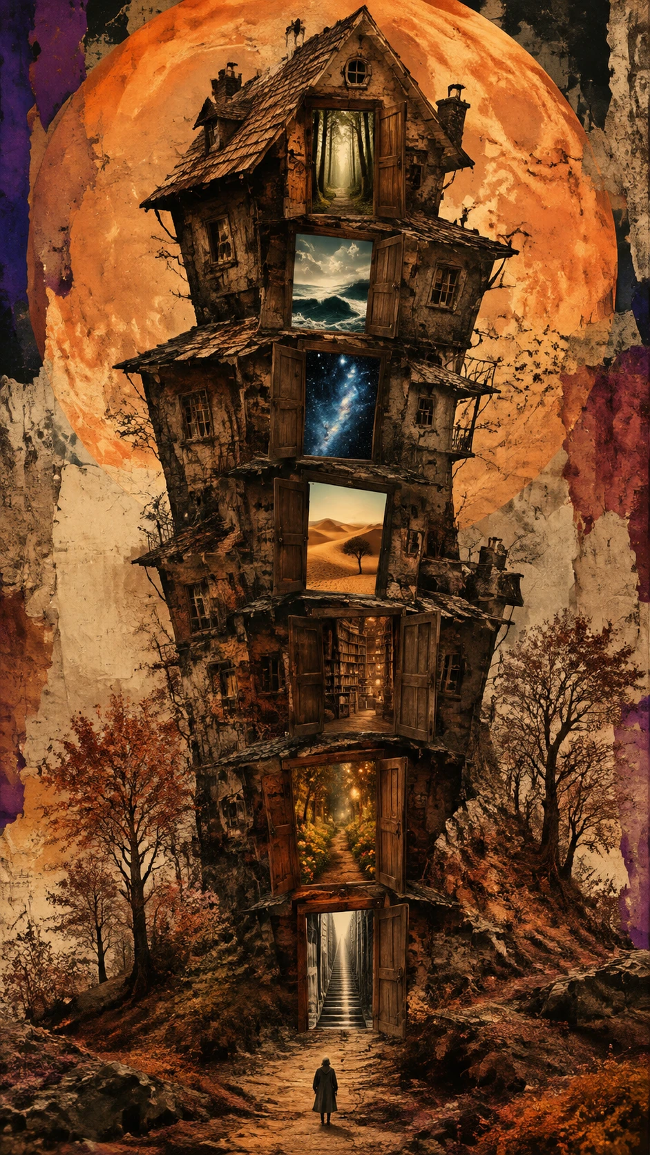 Casa torcida surreal con puertas brillantes en paisaje otoñal