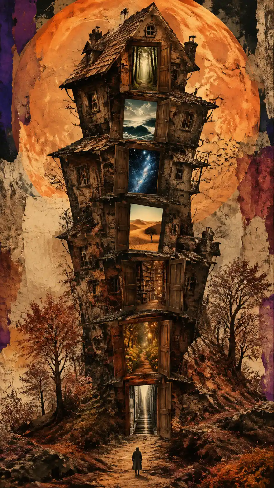 Casa torcida surreal con puertas brillantes en paisaje otoñal