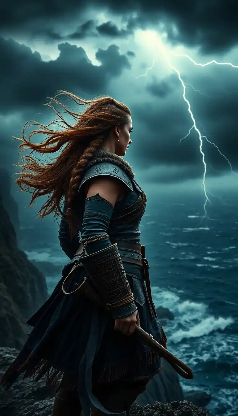 Nordic warrior woman on a stormy cliff above the sea