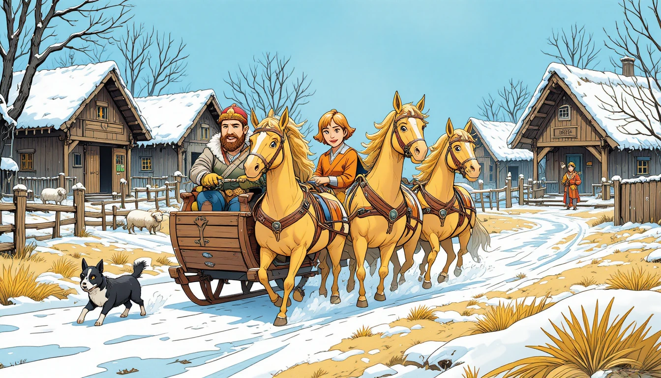 Horse drawn sled races through a snowy nordic village