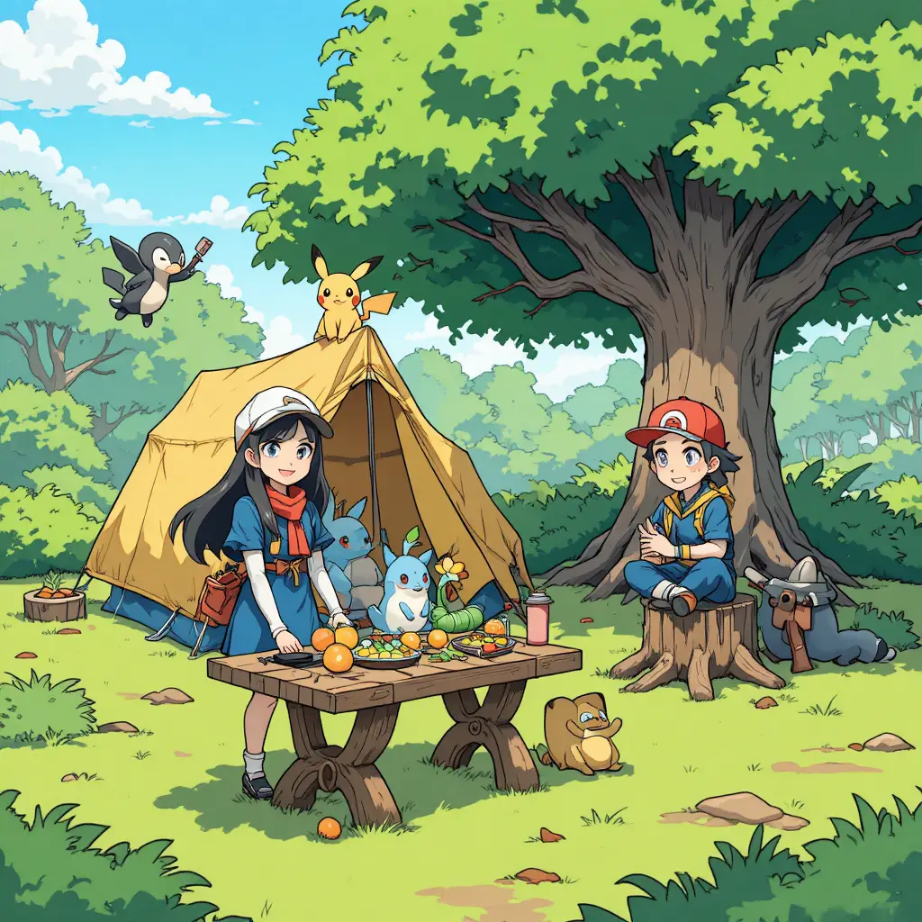 Anime camping scene with trainers and playful pokemon
