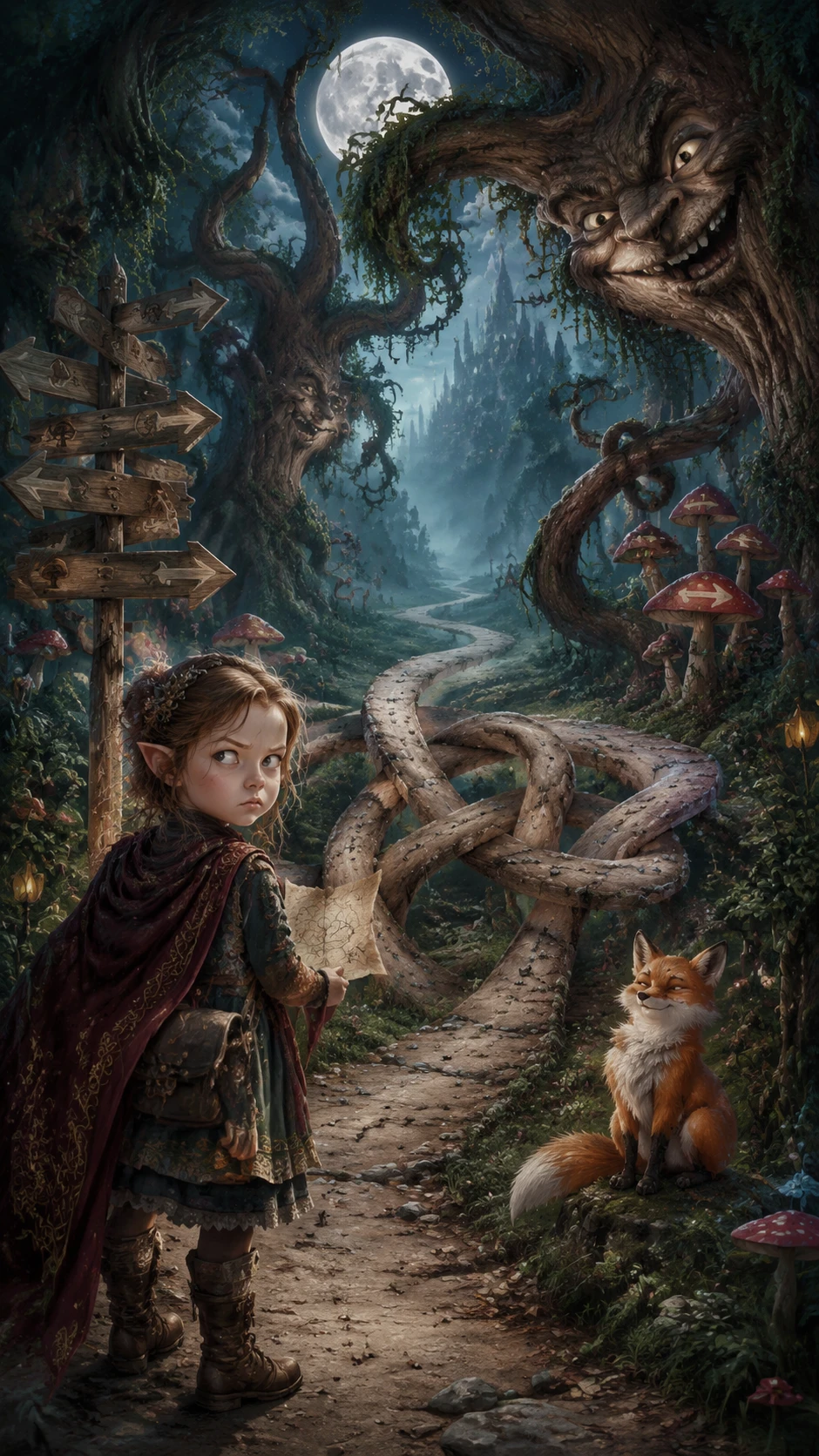Little fae traveler in an enchanted forest path