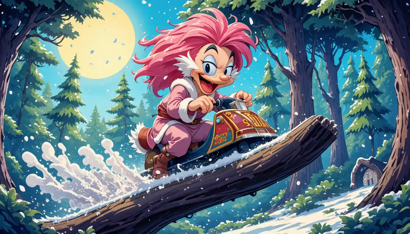 Pato de desenho animado Papai Noel correndo de snowmobile no inverno
