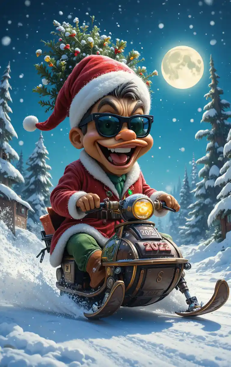 Canard joyeux sur motoneige de Noël dans une forêt enneigée