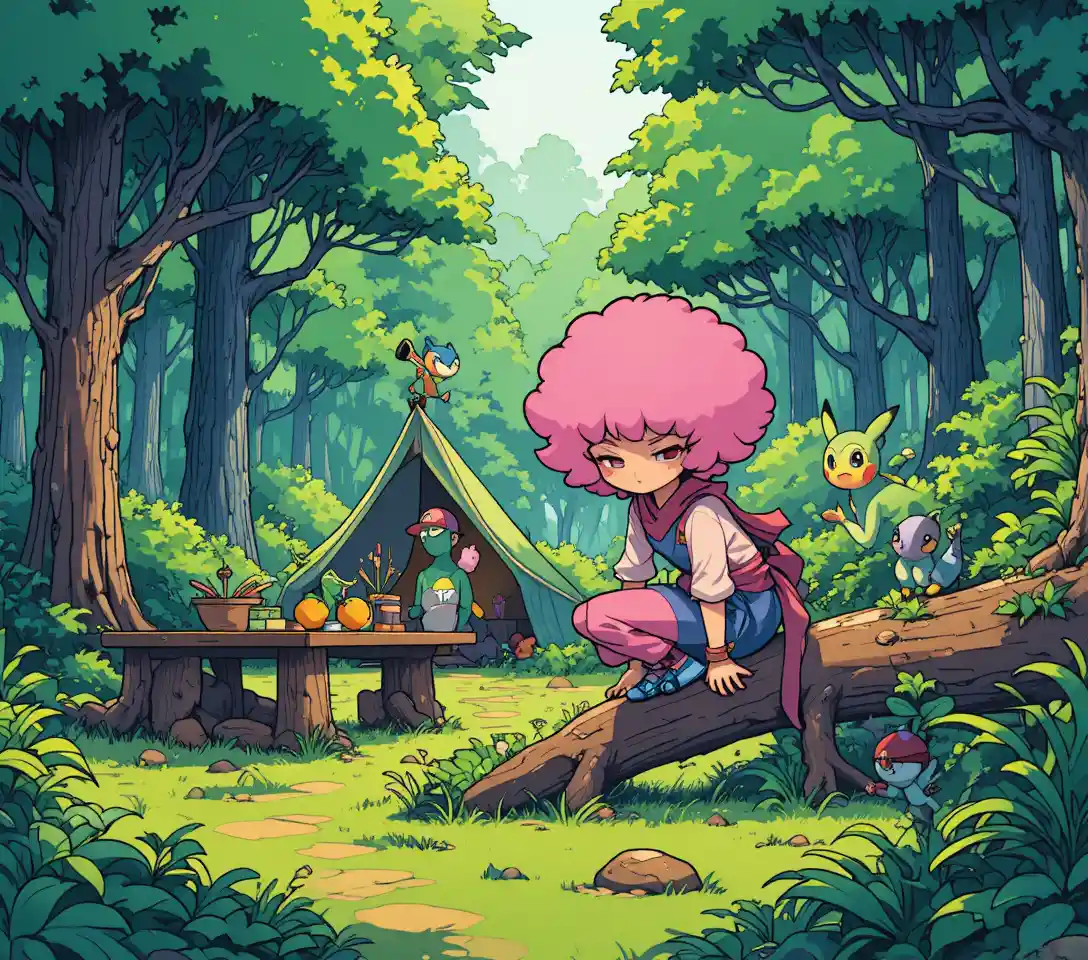 Fröhliche Anime-Campingszene mit Trainern und Pokémon