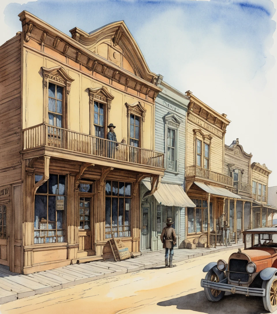 Watercolor view over an old western main street town