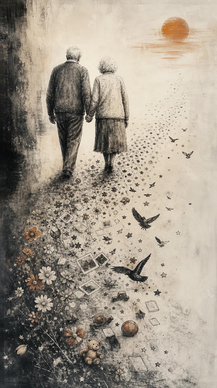 Pareja de ancianos caminando de la mano hacia símbolos que se desvanecen
