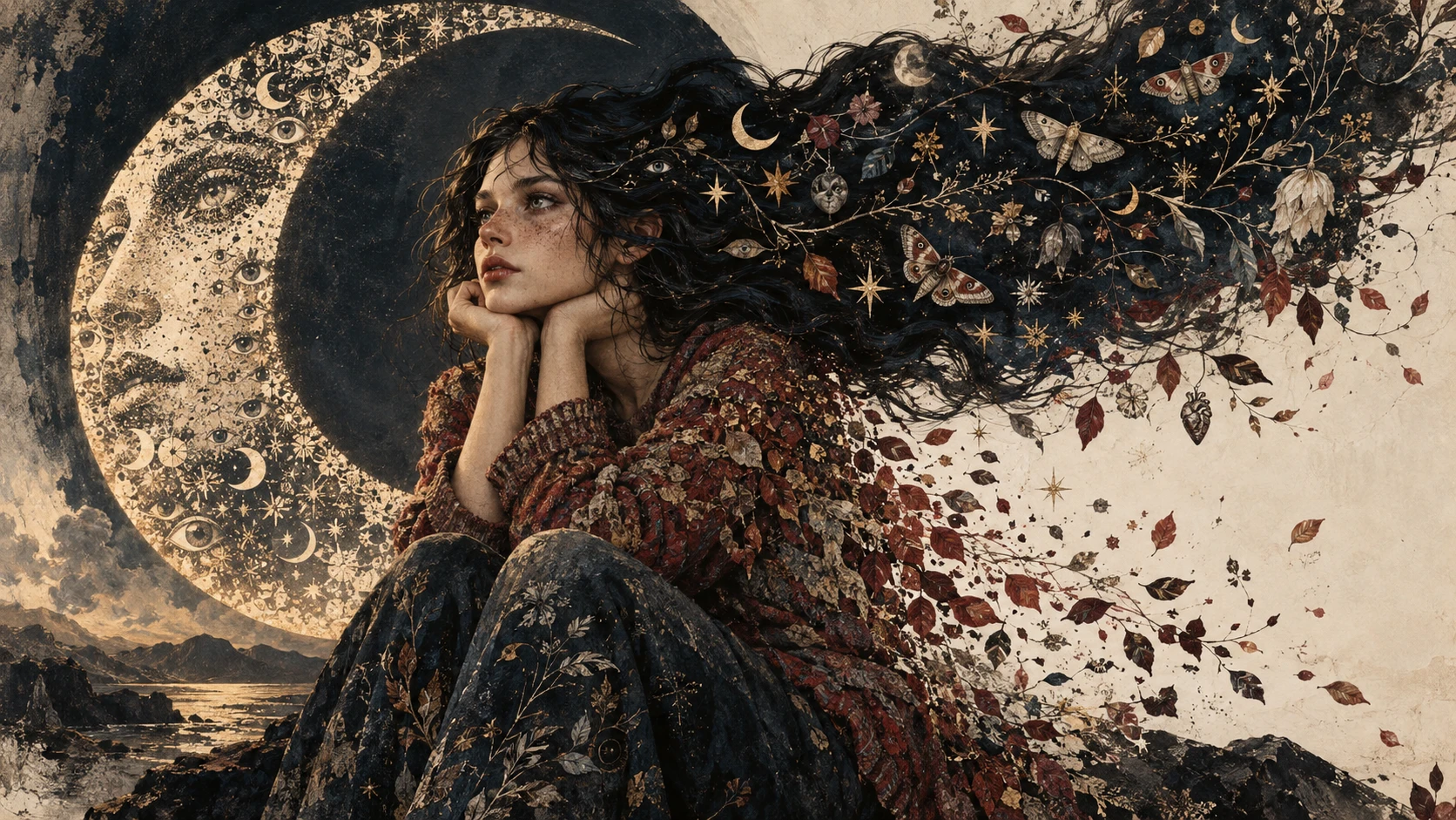 Thoughtful girl beneath a towering crescent moon portrait