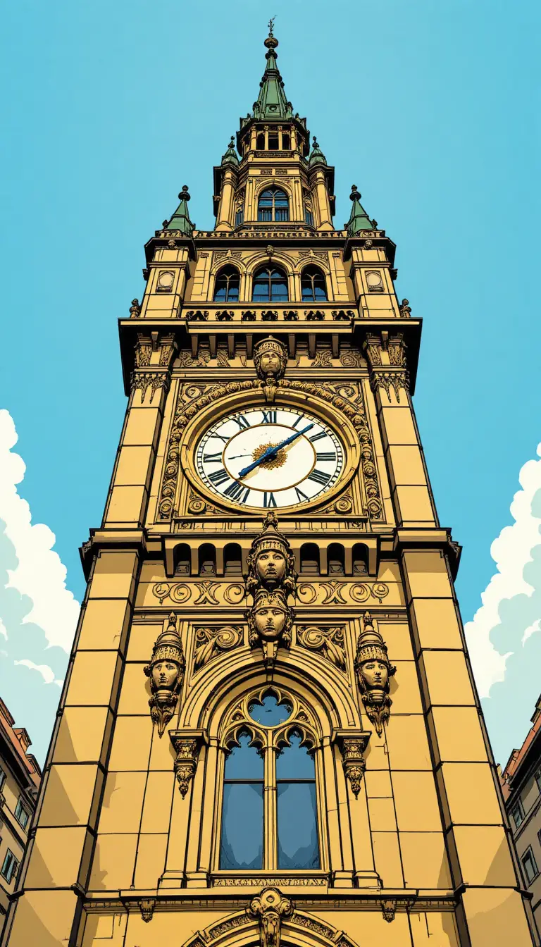 Comic style illustration of an ornate stone clock tower