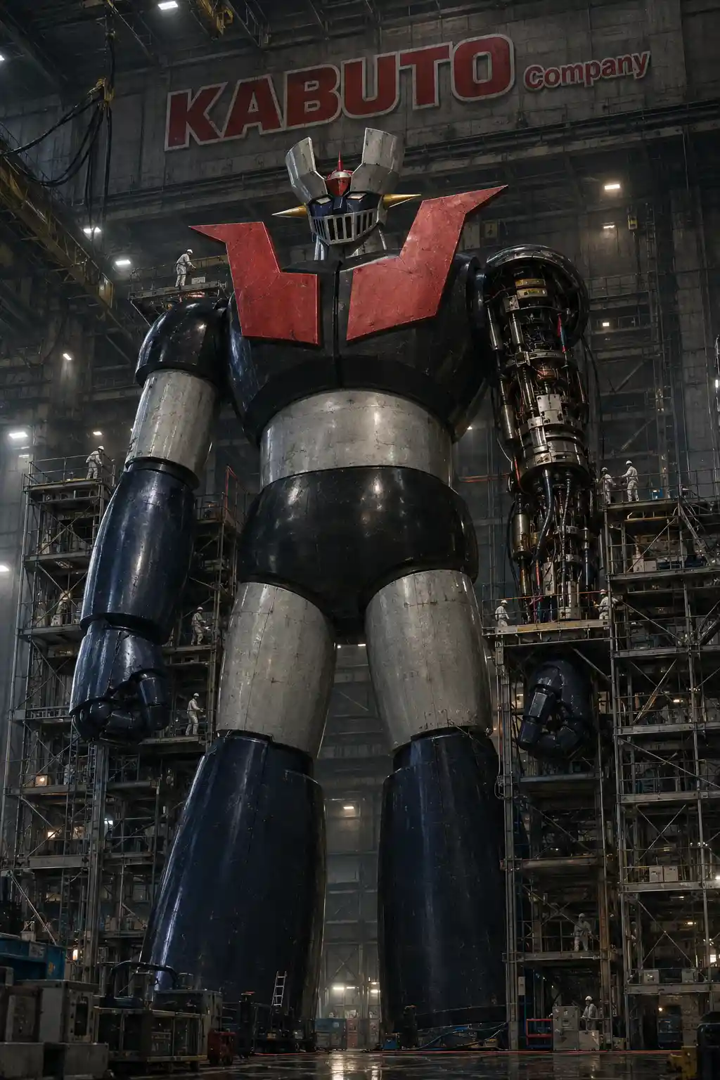 Giant maintenance robot standing inside an industrial hangar