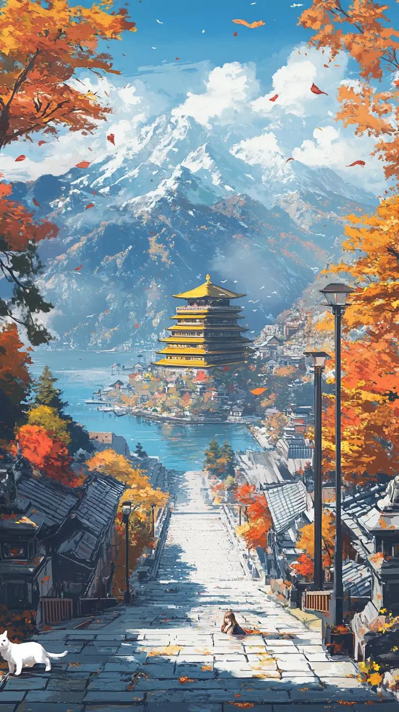 Golden pyramid among autumn mountains beside a blue lake