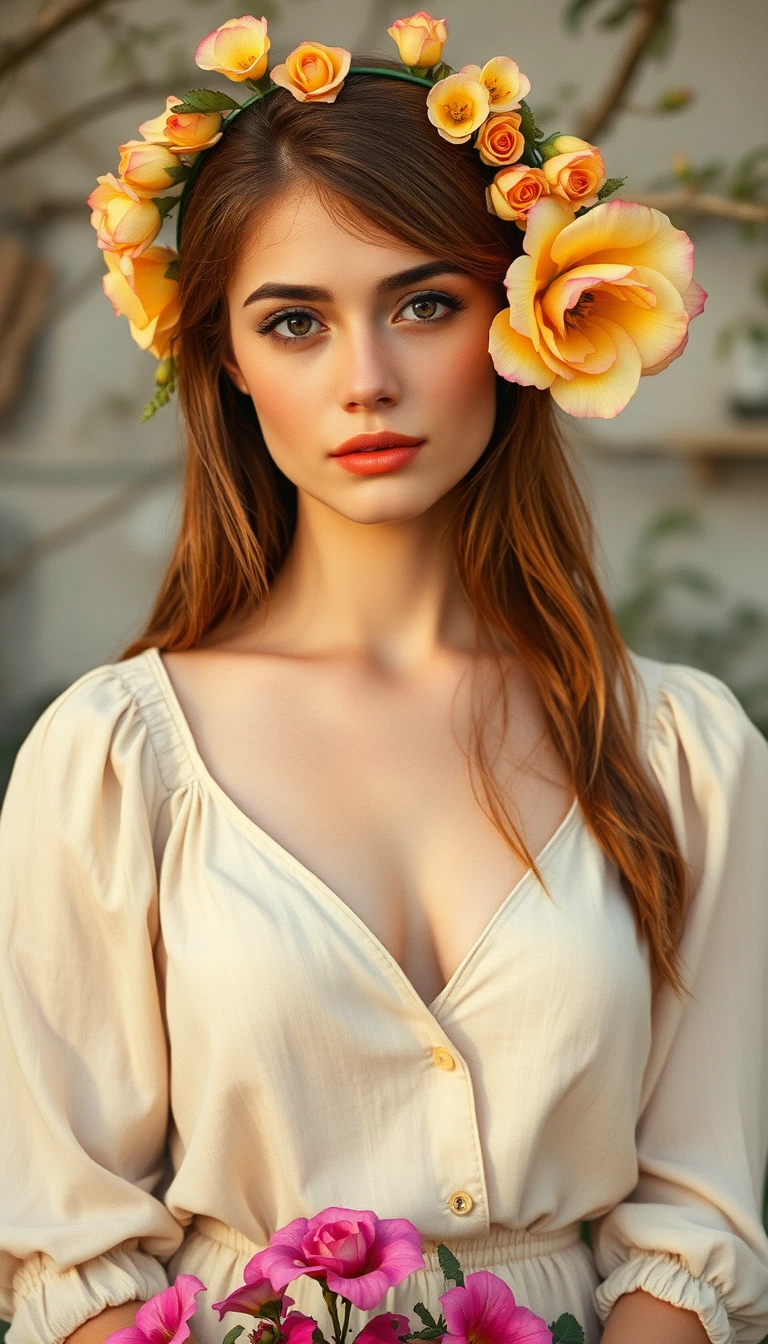 Retrato sensual de mujer joven con sombrero de paja y flor