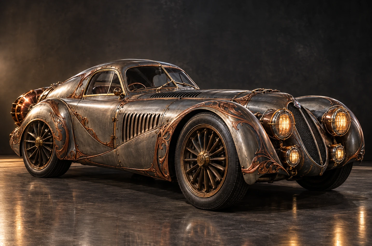 Steampunk-Renncoupé von 1938 im dramatischen Studio-Seitenlicht