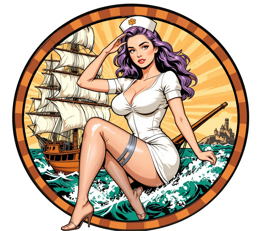Vintage comic illustration of a tall sailing ship at sea