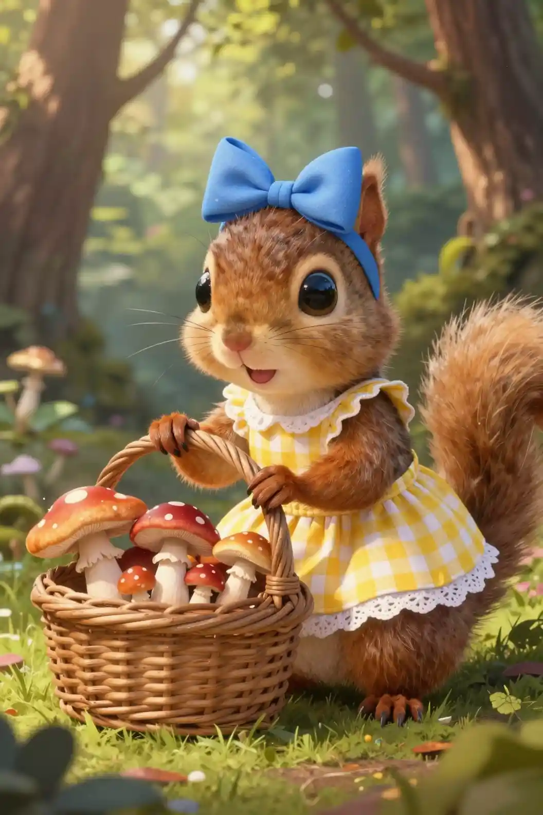 Cute squirrel girl gathering mushrooms in a forest