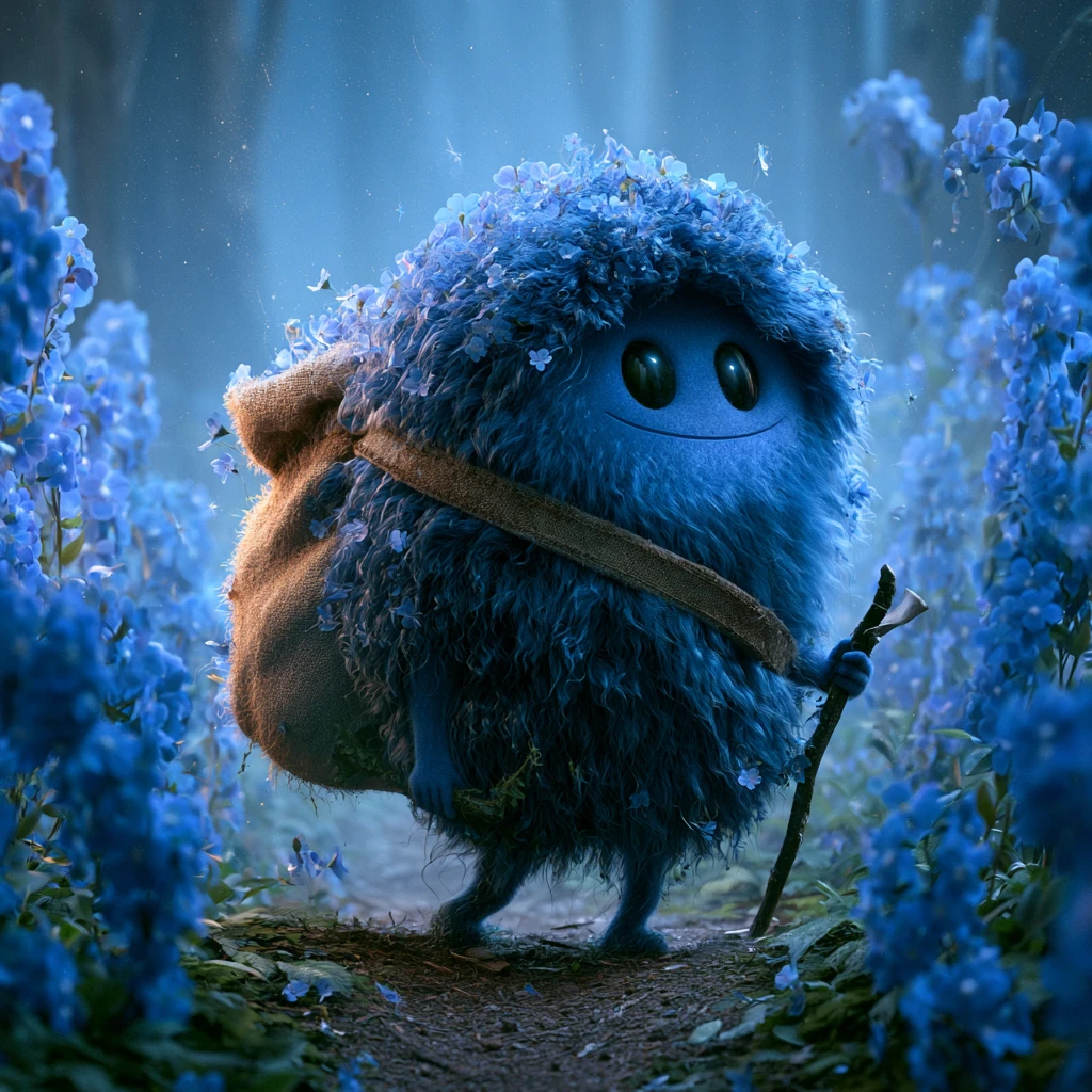 Kleine blaue pelzige Kreatur geht durch einen magischen Wald