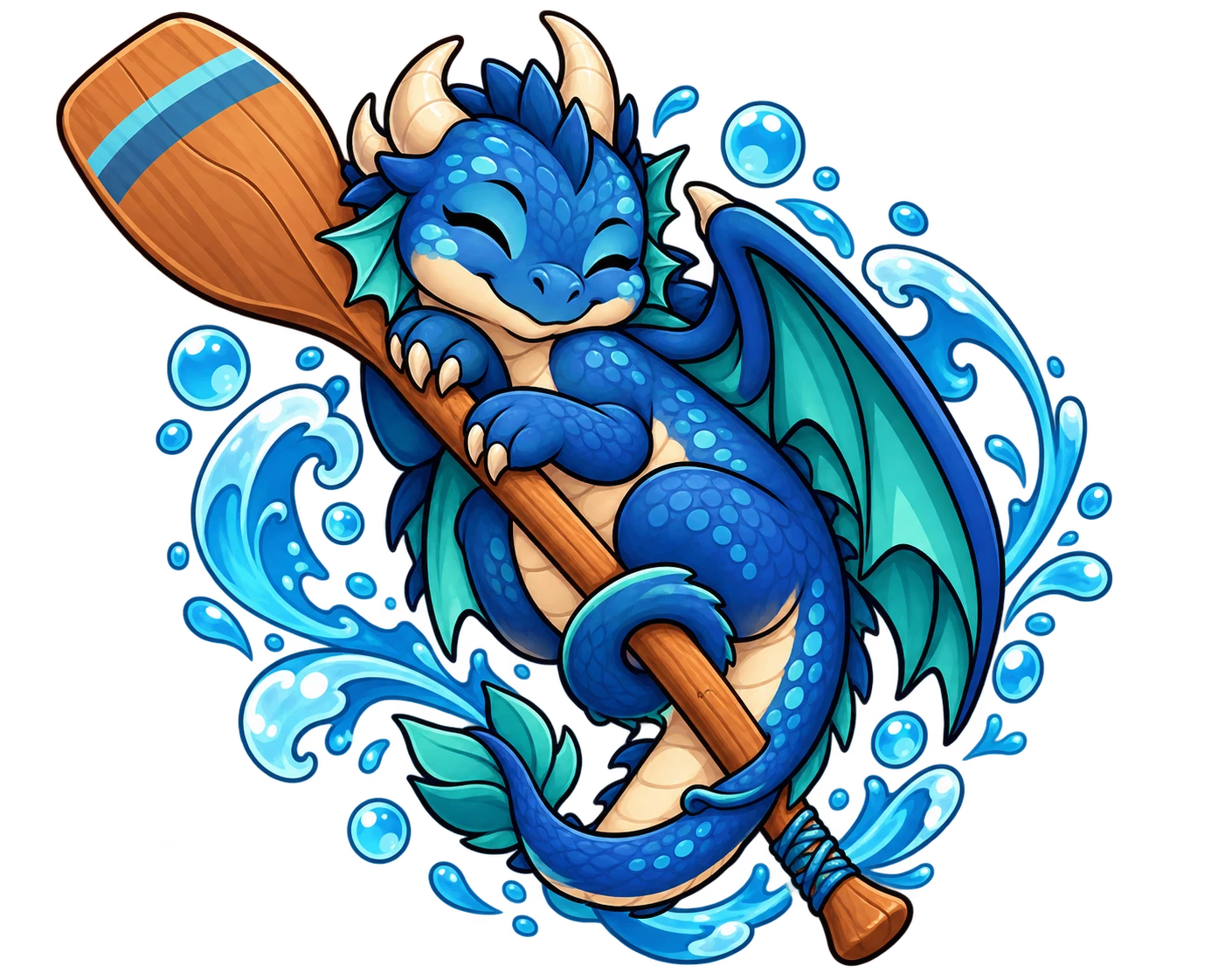 Niedlicher Drache, der sich wie auf einer gemütlichen Stange um ein Paddel schlängelt