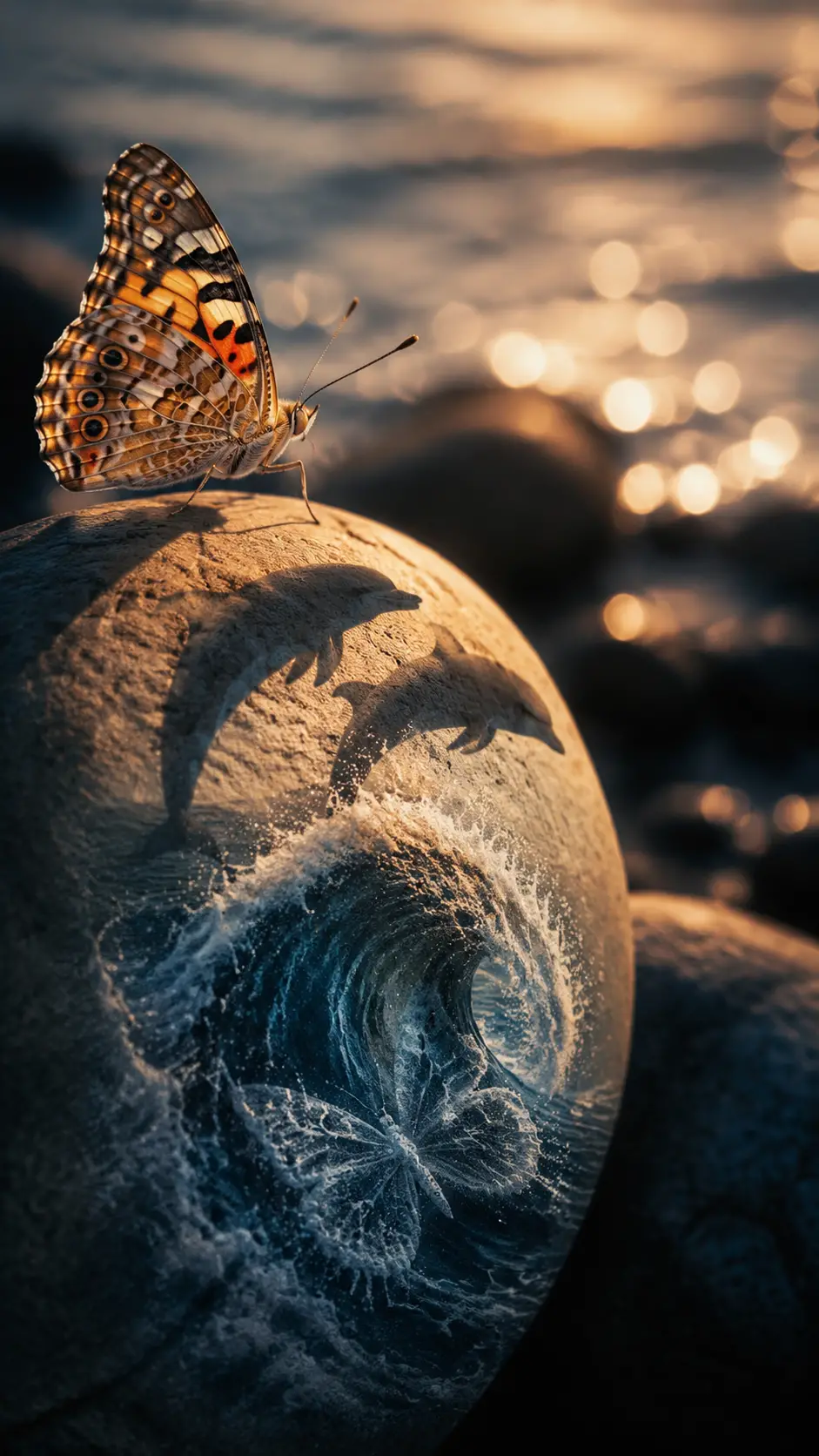 Surreal butterfly on stone with dolphins formed by shadow