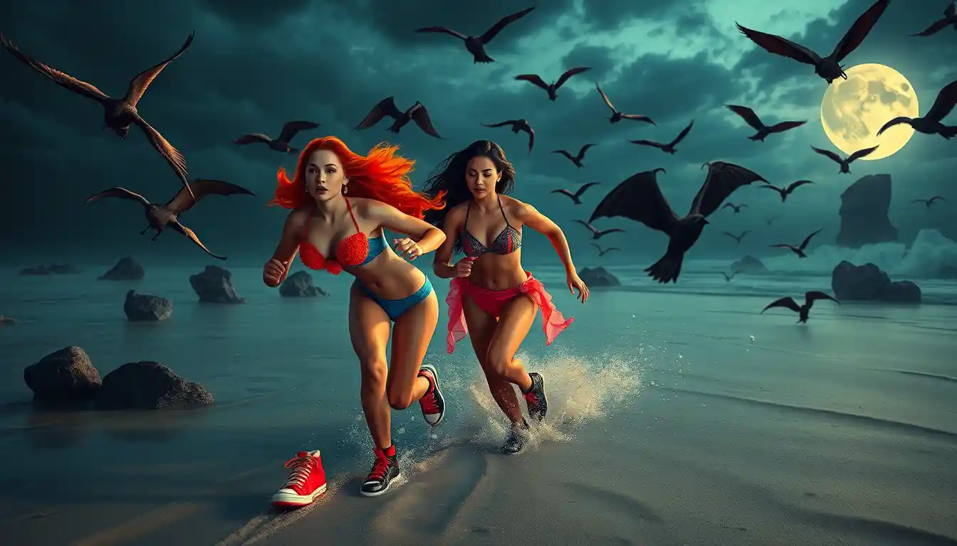 Dos mujeres huyen por una playa surrealista de fantasía oscura