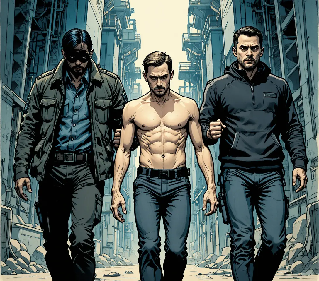 Three men walking through a bleak industrial landscape