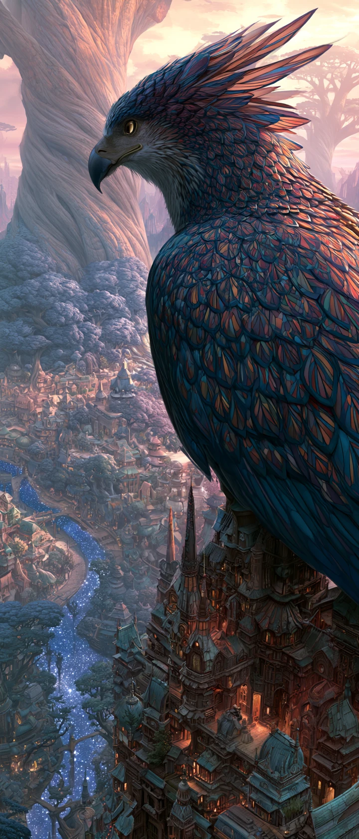 Majestic griffin on a towering tree city spire at night