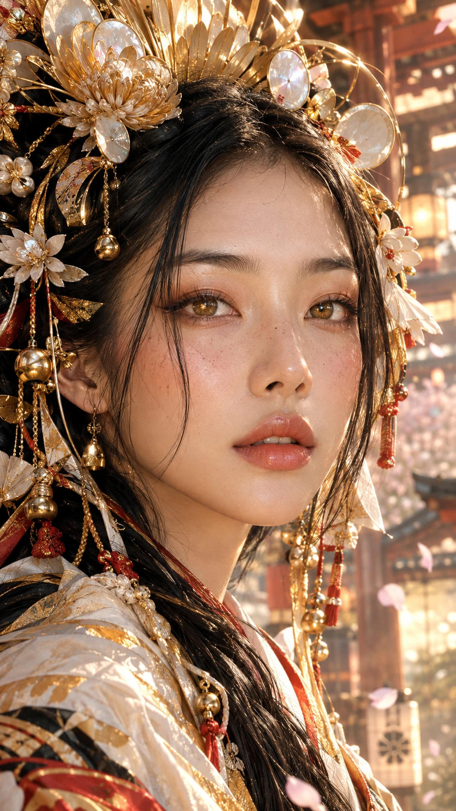 Retrato em close de mulher com elaborado cabelo dourado