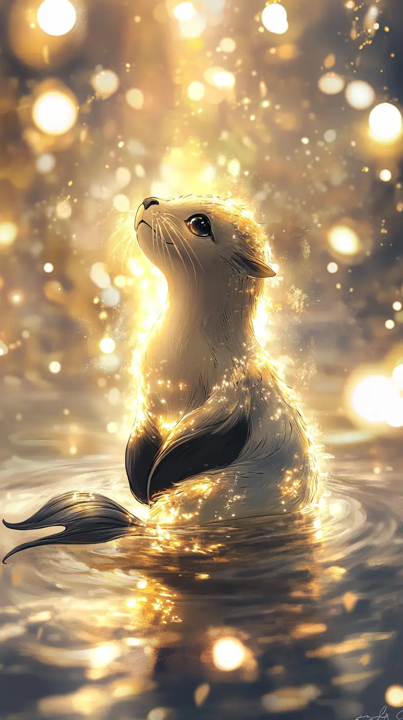 Young seal mermaid in glowing underwater golden light