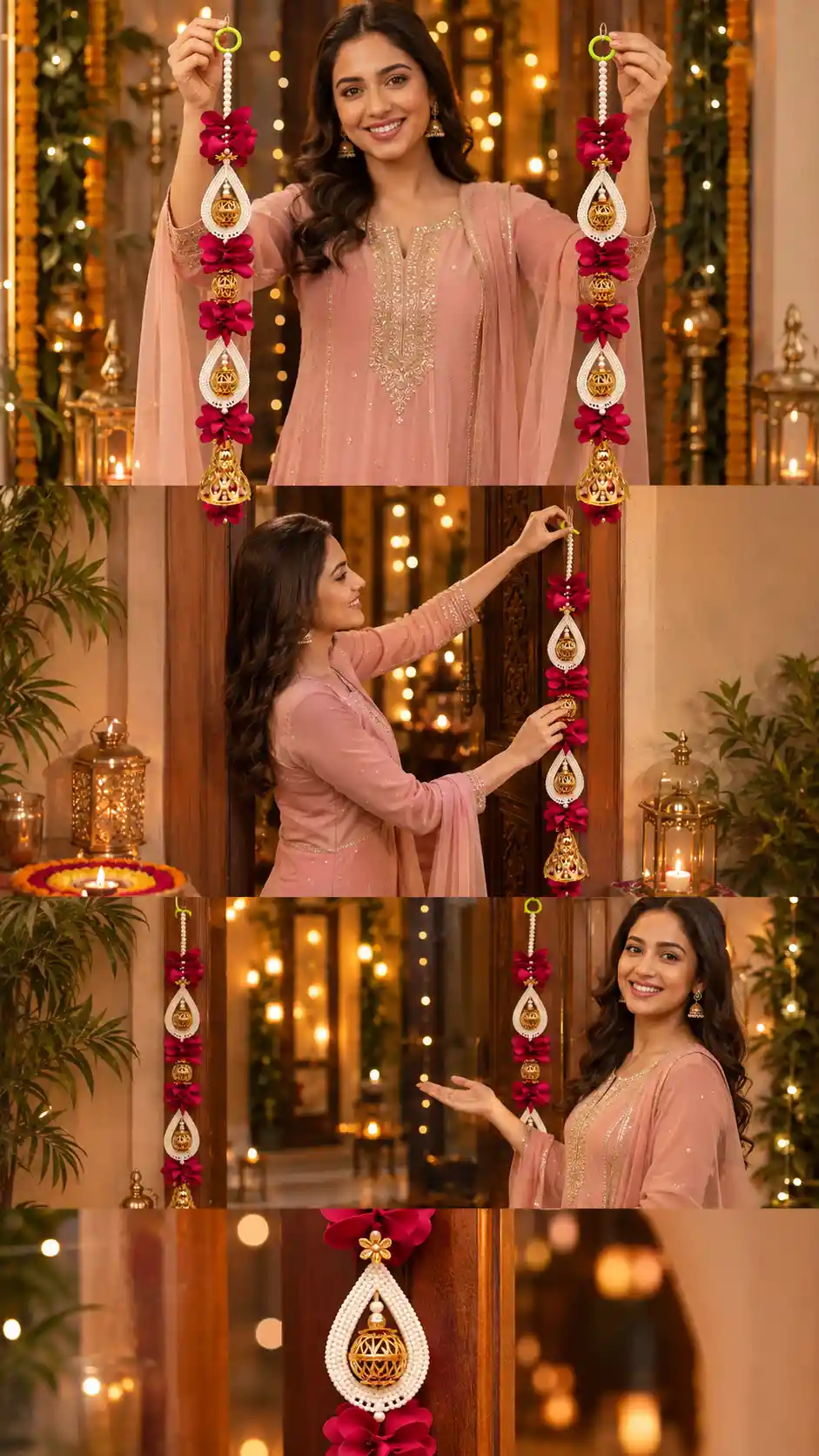 Mulher indiana apresentando enfeite de porta de Diwali em entrada iluminada