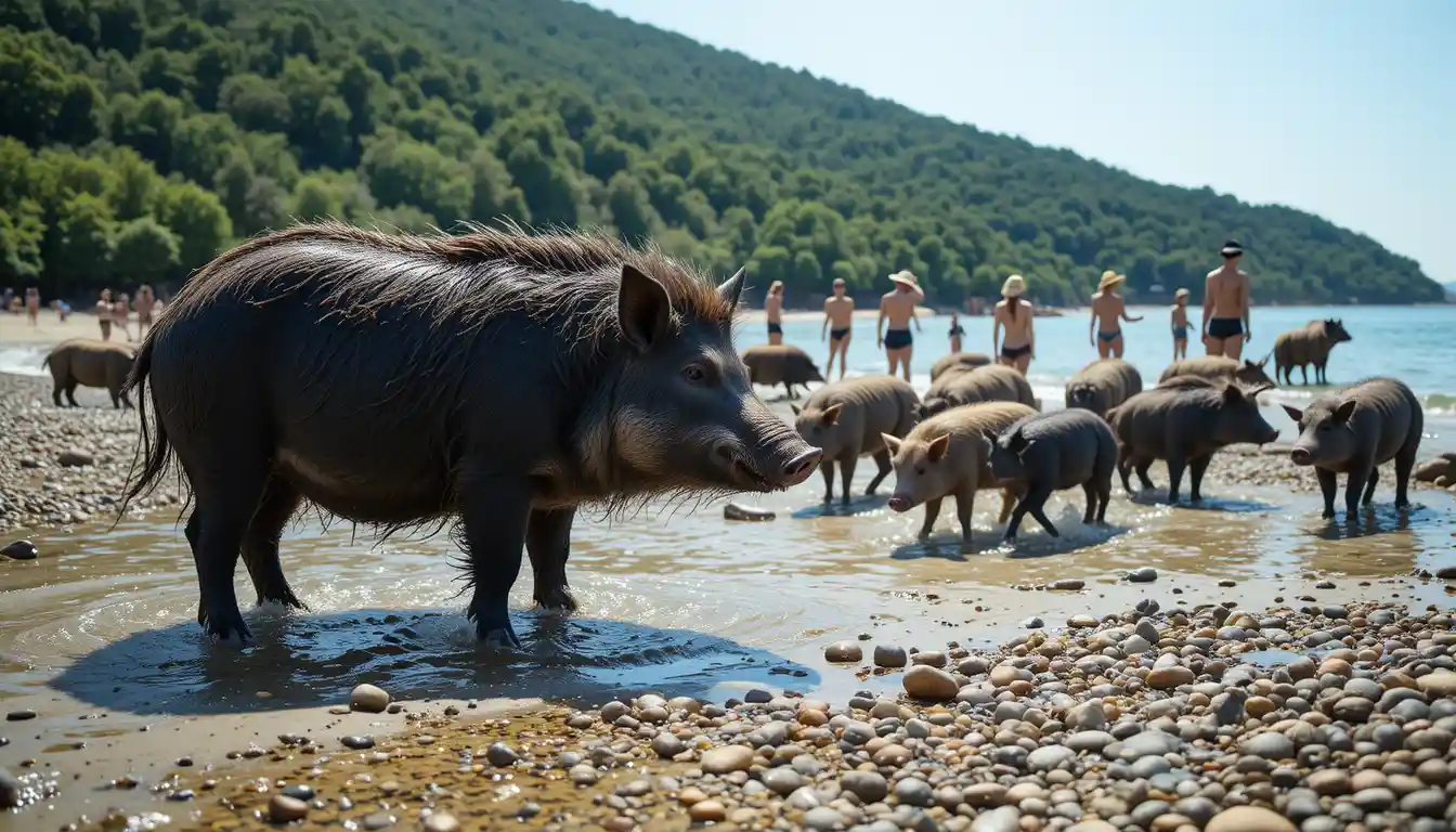 Wild boar standing in shallow water on a sunny beach