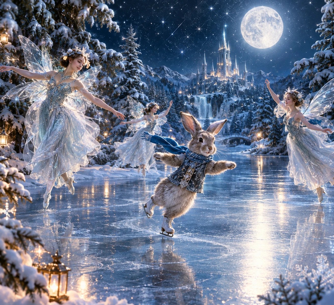 Rabbit skating on a frozen lake in a magical winter forest