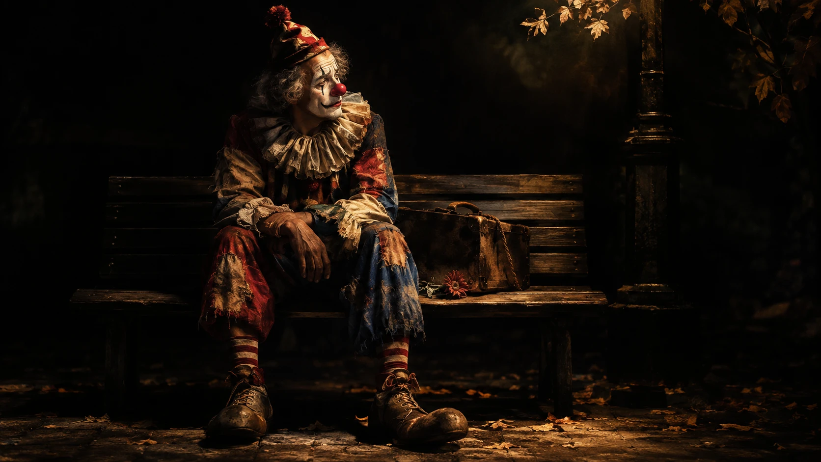 Clown solitaire se reposant sur un banc de parc dans une lumière dramatique