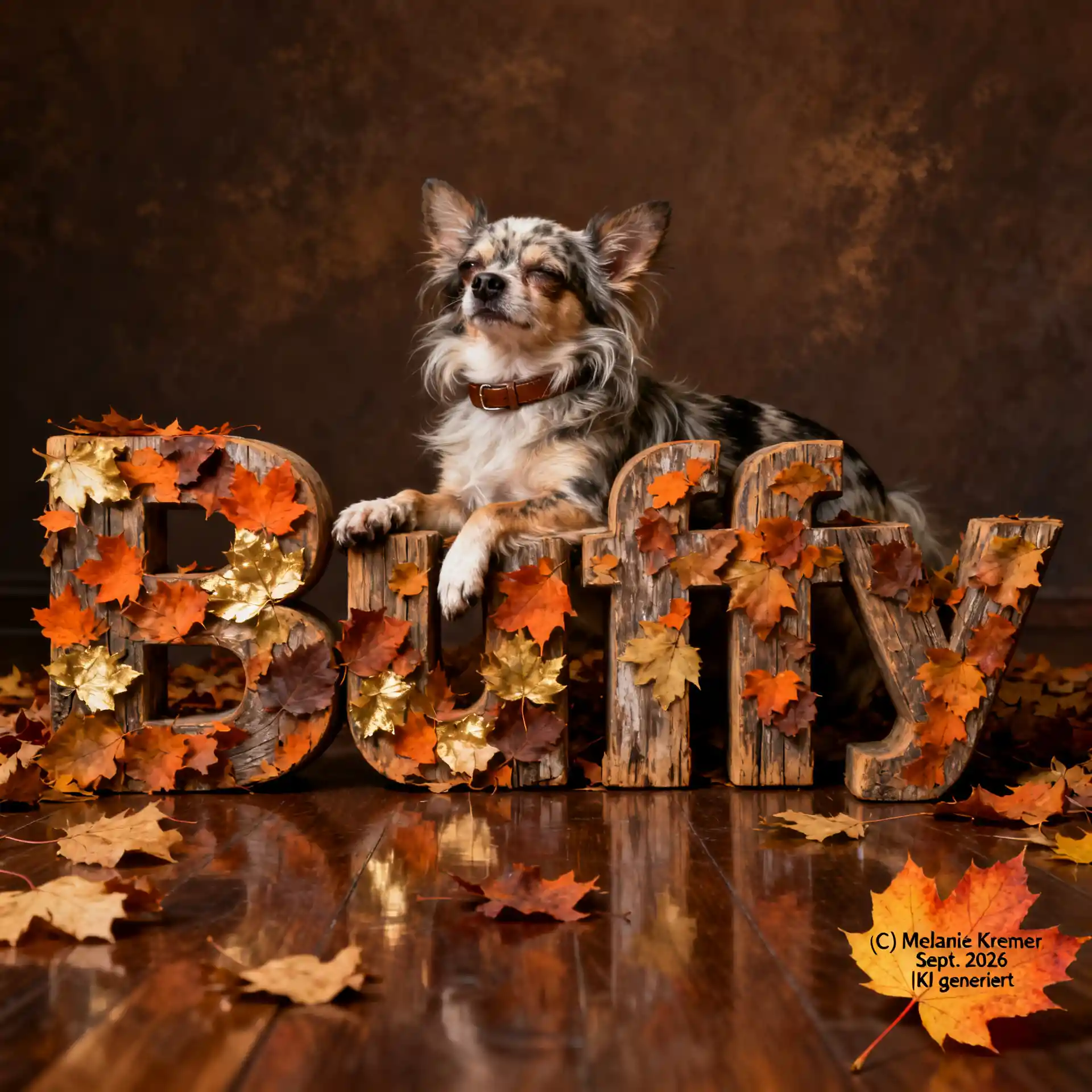 Senior chihuahua resting on wooden buffy letters with leaves