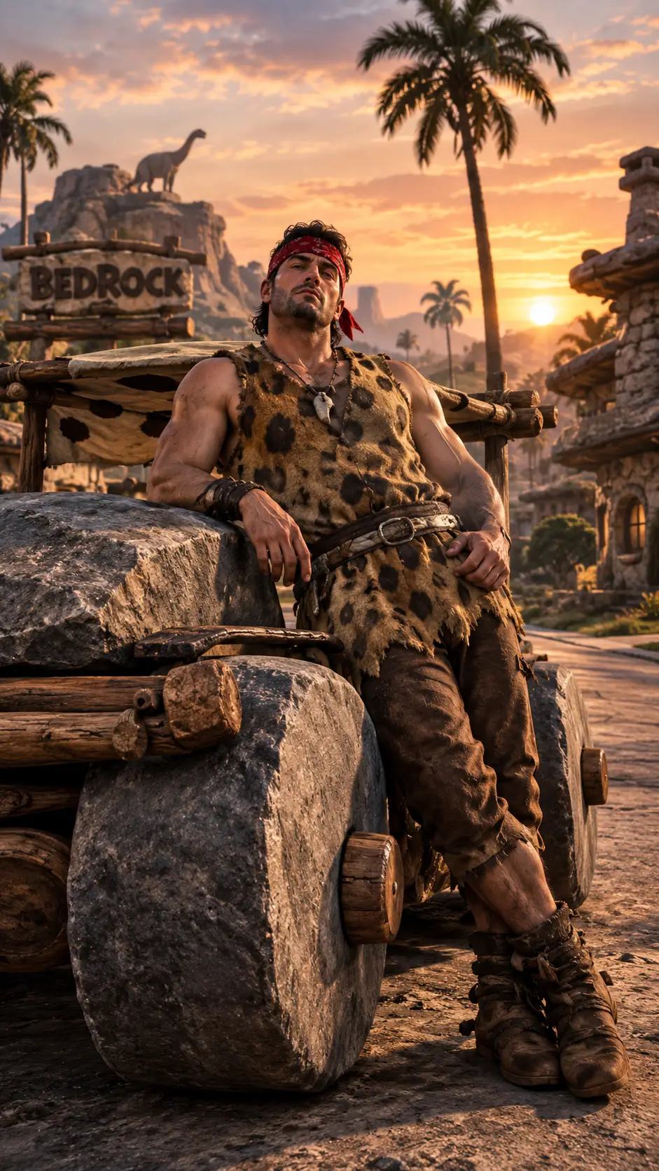 Prehistoric gangster leaning on stone age car at sunset