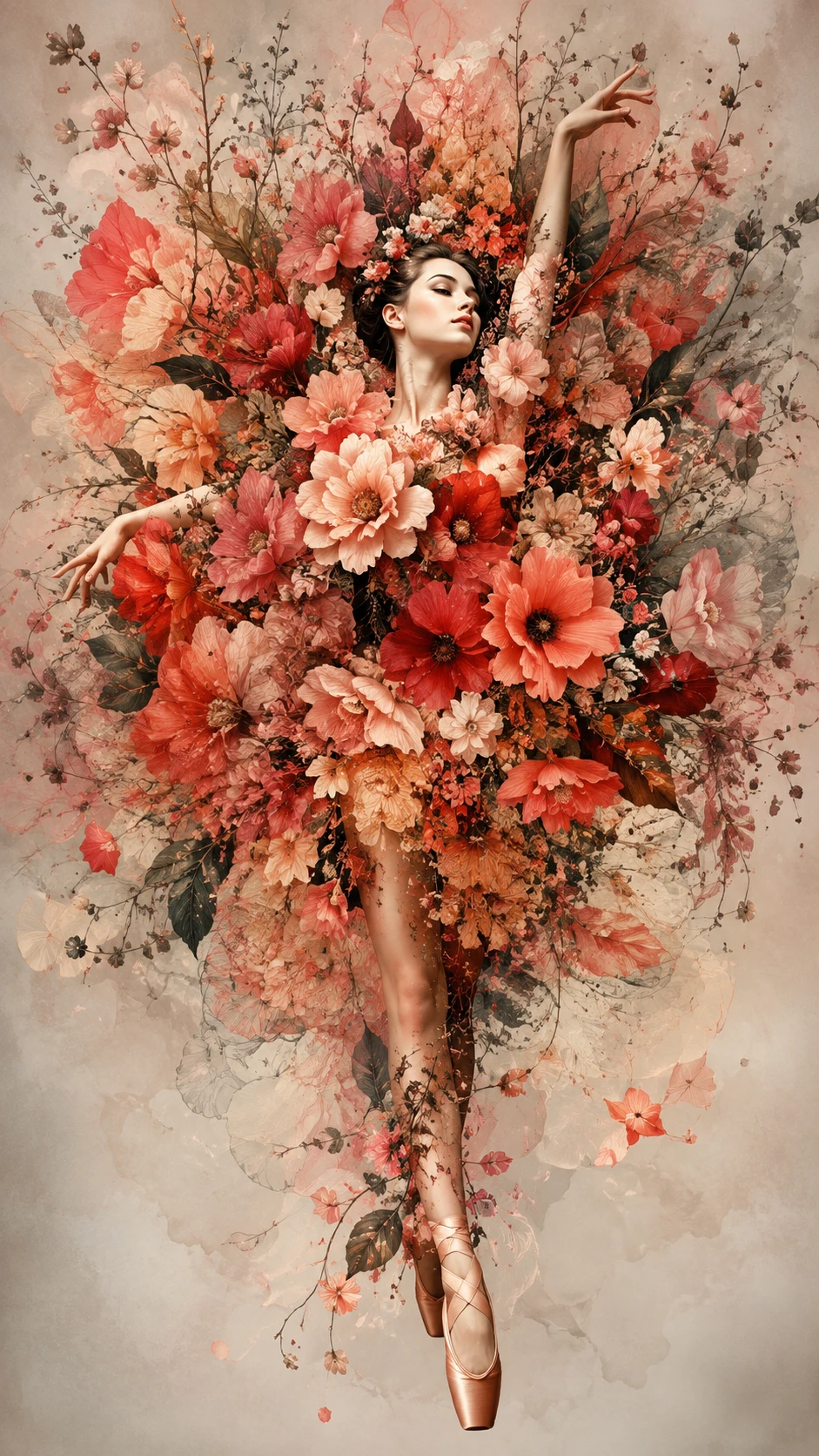 Woman obscured by blooming floral explosion in negative space