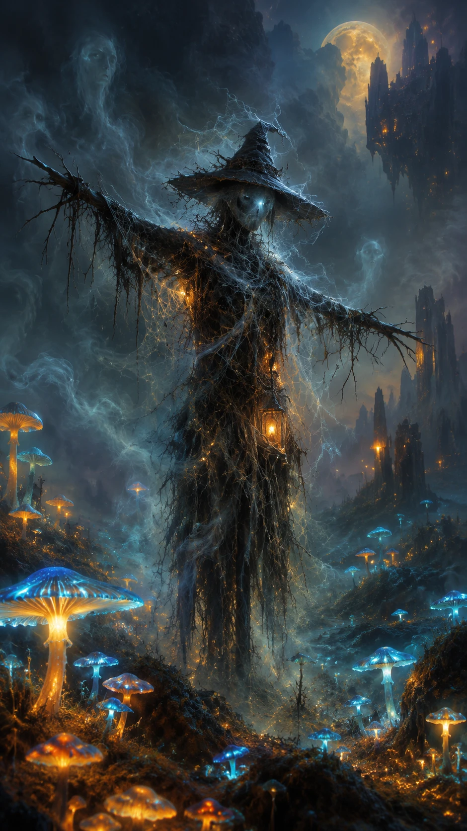 Ethereal scarecrow guarding a glowing fungal field at dusk