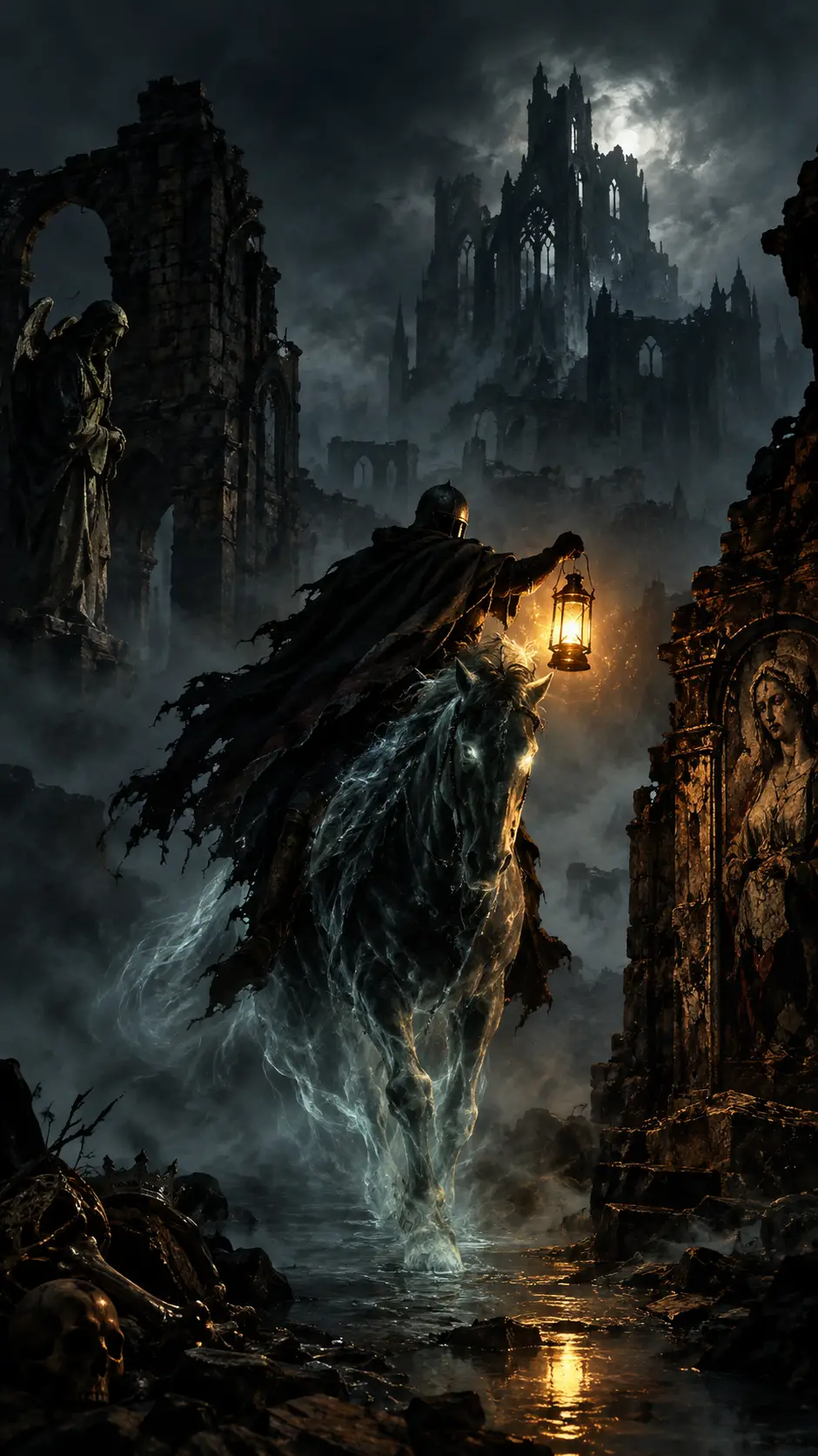Chevalier sur Coursier Spectral dans des Ruines Gothiques Brumeuses